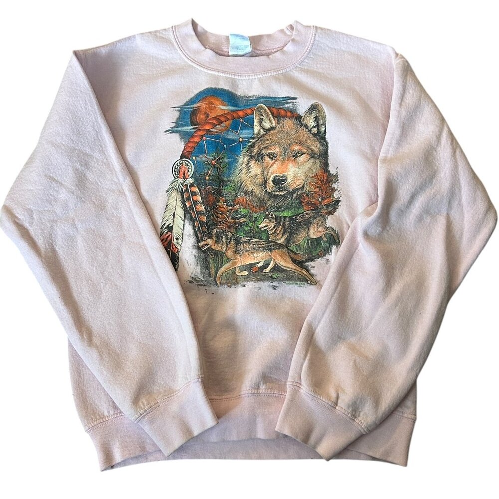 Vintage Pink Wolf Graphic‎ Sweatshirt Sz S 90s Crew Neck Cotton Tribal Print Y2K - Picture 2 of 6